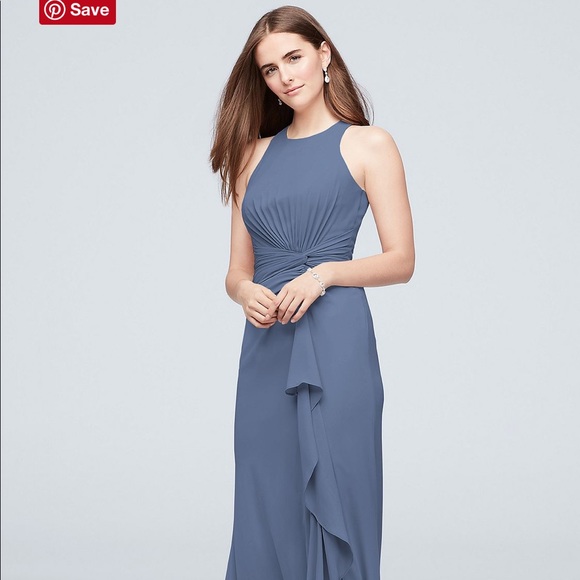 high-neck bridesmaid dress with cascade twist Betsy & Adam Women's V-Neck Cascade Ruffle High-Low Gown - Purple main image 0